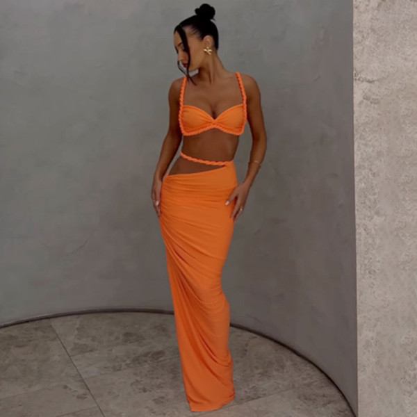 Solid Color Backless Vest Long Skirt Two Piece Set GAXB-G1040ST