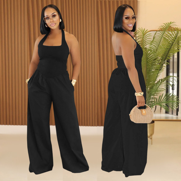 Solid Color Halterneck Backless Loose Jumpsuit BY-7390