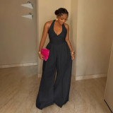 Plus Size Halterneck V Neck Backless Wide Leg Jumpsuit NY-11075