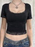 Lace U Neck Solid Color T Shirts GZYU-K2512022
