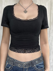 Lace U Neck Solid Color T Shirts GZYU-K2512022