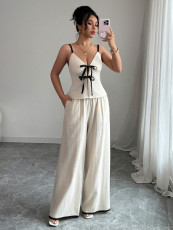 Solid Color Tie Up Vest Wide Leg Pants Suit GZEY-K2529205