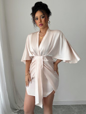 Deep V Neck Corseted Wide Sleeve Midi Dress GZEY-D2343183