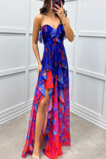 Wrap Chest Print Mesh Split Maxi Dress GSNU-8065