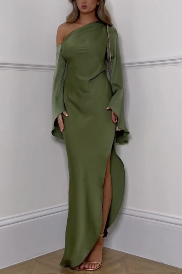 Solid Color Slash Shoulded Split Maxi Dress GSNU-8089