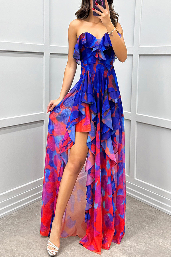 Wrap Chest Print Mesh Split Maxi Dress GSNU-8065