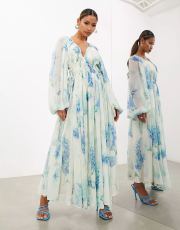 Printed Chiffon Pleated Maxi  Dress GSNU-8042