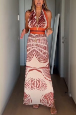 Print Tie Up Backless Split Maxi Dress GSNU-8136