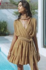 Sexy Solid Color Drawstring Belt Mini Dress GSNU-8047
