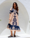 Print Drawstring Half Sleeve Long Dress GSNU-8039