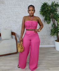 Solid Color Halterneck Darwstring Two Piece Pants Set GTYZ-7567