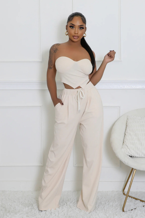 Solid Color Wrap Chest Loose Two Piece Pants Set XHXF-8719