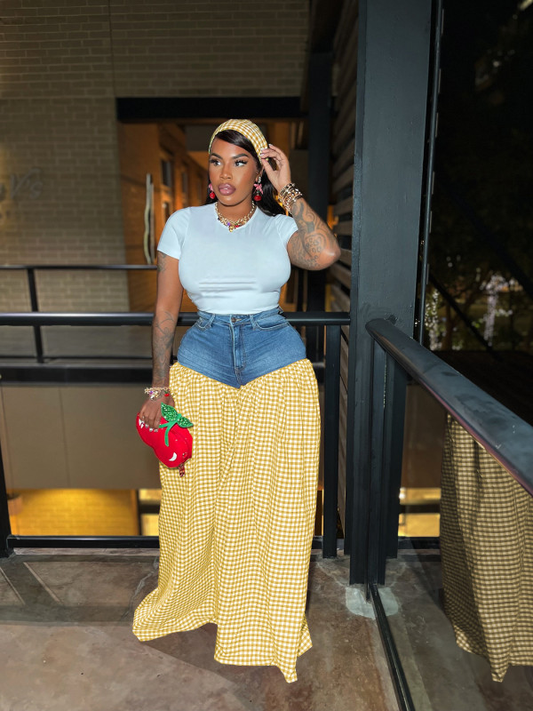 Denim Patchwork Plaid Loose Wide Leg Pants SFY-737