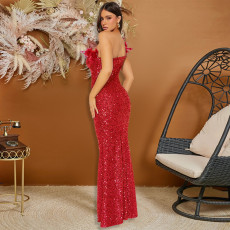 Feather Patchwork Sequin Tube Top Dress CYA-901498
