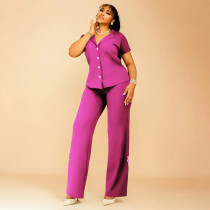 Solid Color Short Sleeve Backless Pants Suit NNWF-8090