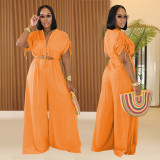 Solid Color V Neck Tie Up Wide Leg Jumpsuit BY-7388