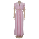Solid Color V Neck Tie Up Wide Leg Jumpsuit BY-7388