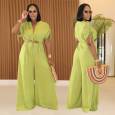 Solid Color V Neck Tie Up Wide Leg Jumpsuit BY-7388