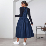 Plus Size Solid Color Denim Sling Long Dress GDAM-218637