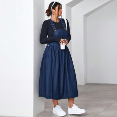 Plus Size Solid Color Denim Sling Long Dress GDAM-218637