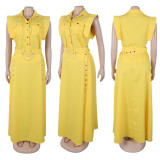 Plus Size Solid Color Lapel Sleeveless Split Maxi Dress  NY-3616