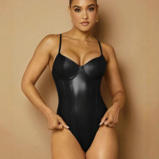 Solid Color PU Leather Sport Bodysuit GPBY-972