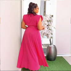 Plus Size Solid Color Lapel Sleeveless Split Maxi Dress  NY-3616