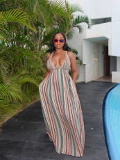 Colorful Stripe Print Tie Up Maxi Dress SFY-750