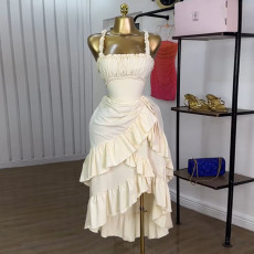 Solid Color Ruffles Irregular Sling Long Dress GMSF-SU9226