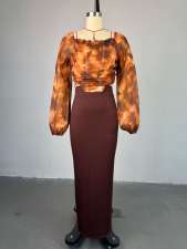 Square Neck Lantern Sleeve Shirt Half Body Skirt Two Piece Set GMSF-SU9132