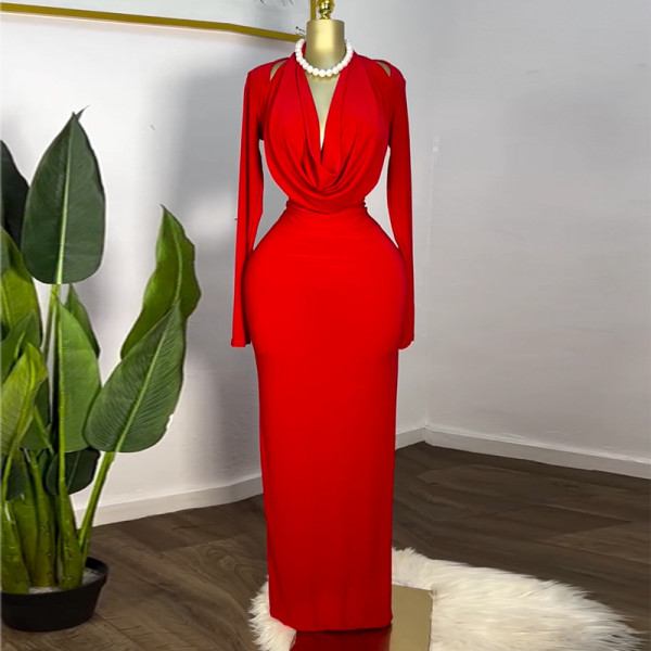 Stacked Neck Solid Long Sleeve Maxi Dress GMSF-SU72151