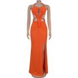 Knit Halterneck Backless Solid Color Maxi Dress BY-7407