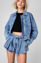 Long Sleeve Loose Coat Denim Two Piece Short Set GMYT-12982