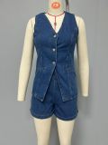 Sleeveless Loose Denim Two Piece Shorts Set GMYT-13368