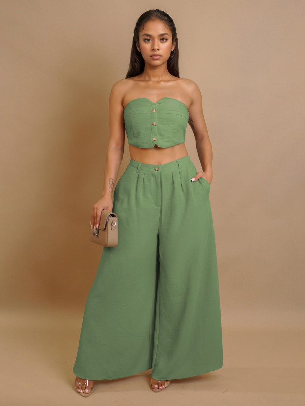 Solid Color Wrap Chest Top Wide Leg Pants Suit ZSD-0752