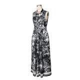 Sleeveless Print High Split Maxi Dress(With Belt) ZSD-0745