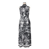 Sleeveless Print High Split Maxi Dress(With Belt) ZSD-0745