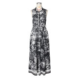 Sleeveless Print High Split Maxi Dress(With Belt) ZSD-0745