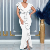 Solid Color V Neck Ruffles Fishtail Dress GCZF-8634