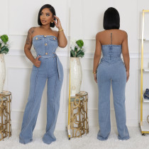 Washed Wrap Chest  Loose Denim Jumpsuit LX-6996