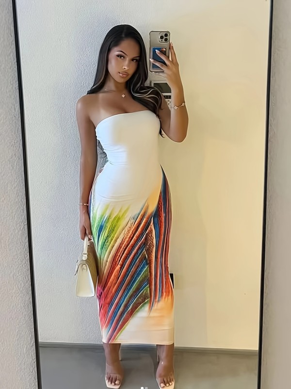 Print Off Shoulder Tube Tops Dress GDNY-2000
