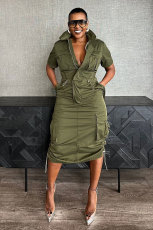 Plus Size Multi-pockets Drawstring Midi Dress NY-3320
