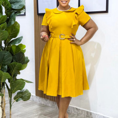 Short Sleeve Solid Color Ruffles Midi Dress GATE-D583