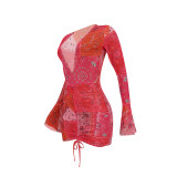 Mesh Deep V Neck Bodycon Dress FENF-091