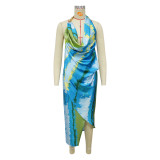 Tie Dye Print Backless Silk Satin Midi Dress YF-20157