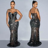 Solid Color Hot Drill Sling Evening Dress GOSD-7040