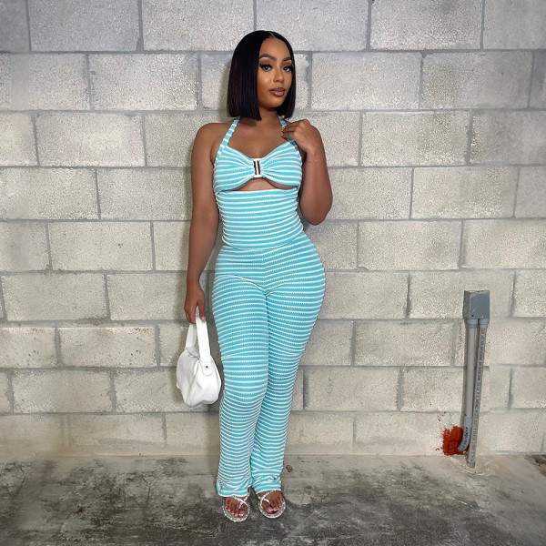 Stripe Halterneck Tie Up Two Piece Pants Set CYA-901870