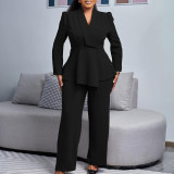 Plus Size Solid Color Long Sleeve Two Piece Pants Set GATE-D549