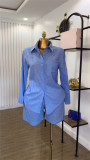 Solid Color Beaded Long Sleeve Shirt Shorts Set GCNE-72464