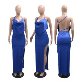 Fashion Backless Solid Color Split Maxi Dress CYA-901808